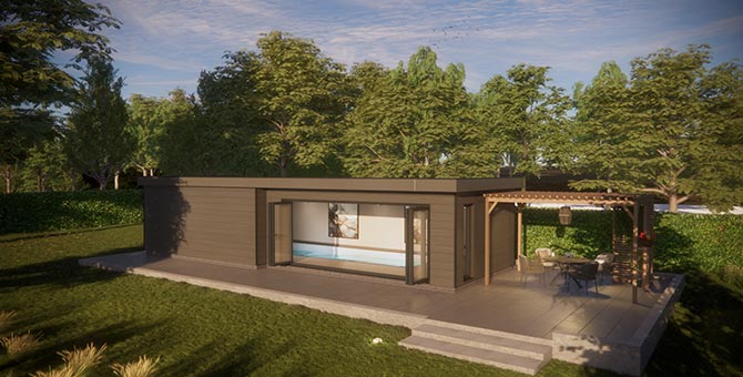 Contemprary Pool House viewed from the outside with open doors.